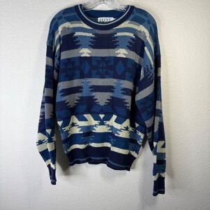 Trend‎ Basics Mens Sweater Medium Blue Gray Geometric Pattern Knit Pullover
